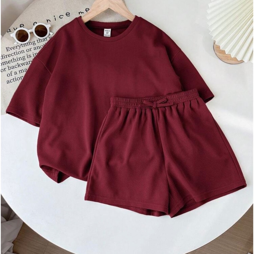 Shein Kids Waffle Knit 2 Piece Set Burgundy Maroon Shirt and Shorts Set Size 11Y